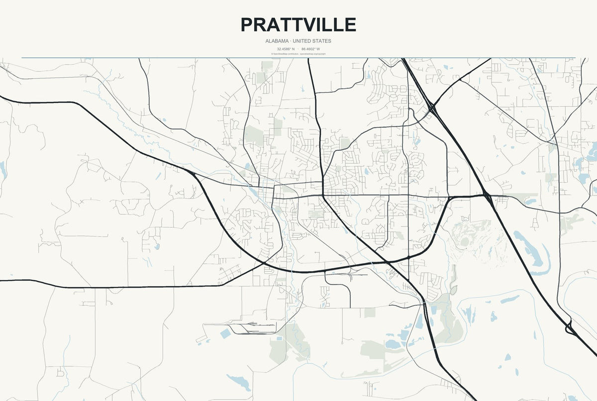 Prattville, Alabama City Map Aluminum Sign in Headline Atlas style