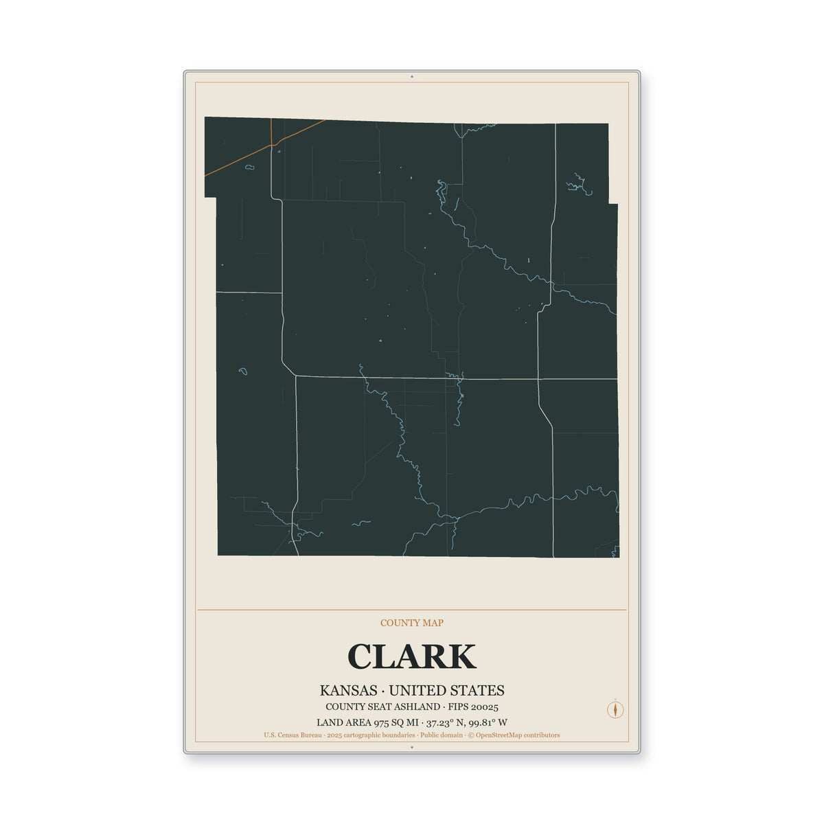 Clark County, Kansas Map Aluminum Sign in Headline Atlas style