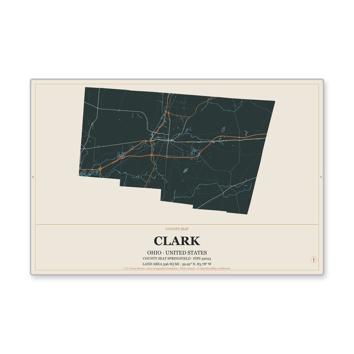 Clark County, Ohio Map Aluminum Sign in Headline Atlas style