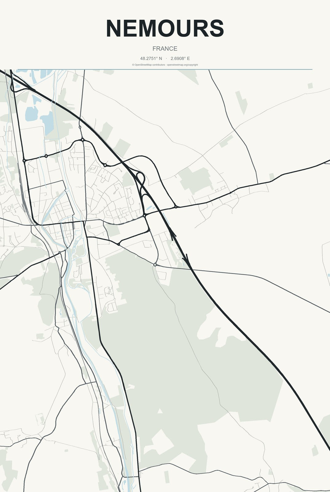 Nemours, France City Map Aluminum Sign in Headline Atlas style