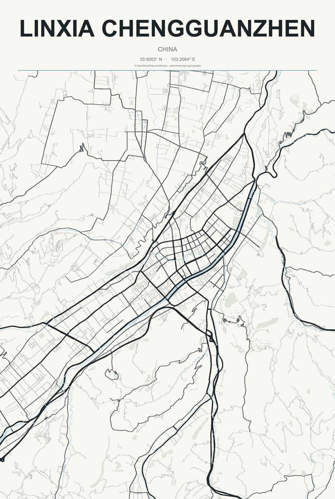 Linxia Chengguanzhen, China City Map Aluminum Sign in Headline Atlas style