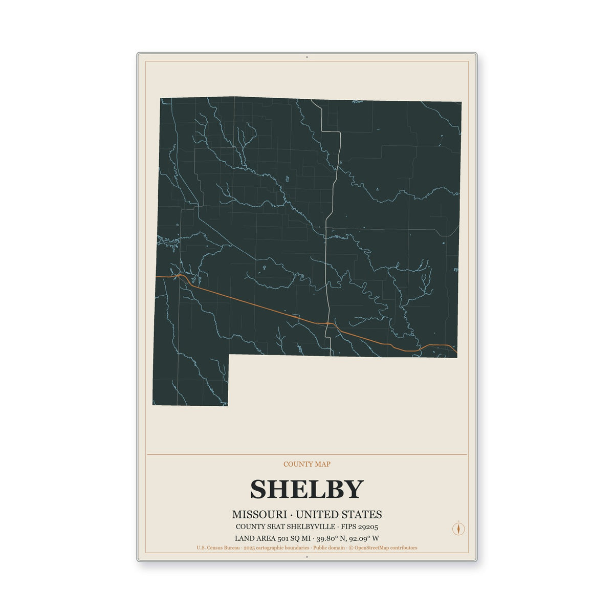Shelby County, Missouri Map Aluminum Sign in Headline Atlas style