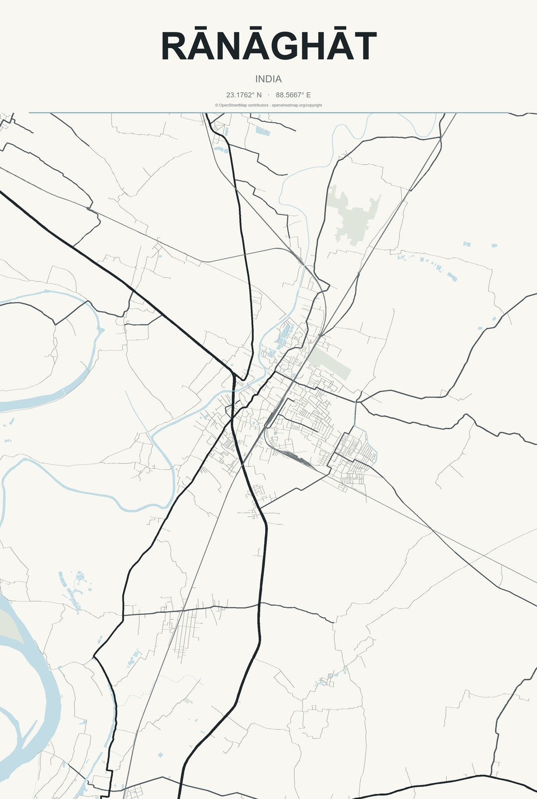 Rānāghāt, India City Map Aluminum Sign in Headline Atlas style