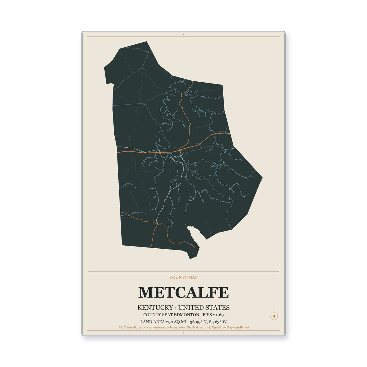Metcalfe County, Kentucky Map Aluminum Sign in Headline Atlas style