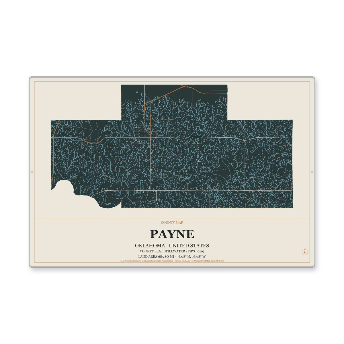 Payne County, Oklahoma Map Aluminum Sign in Headline Atlas style