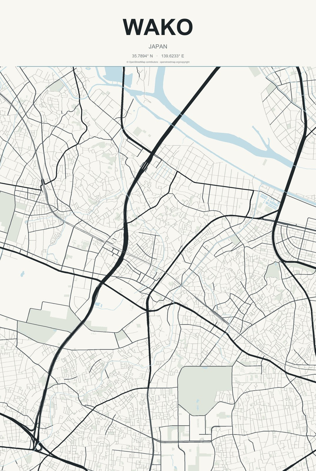 Wako, Japan City Map Aluminum Sign in Headline Atlas style