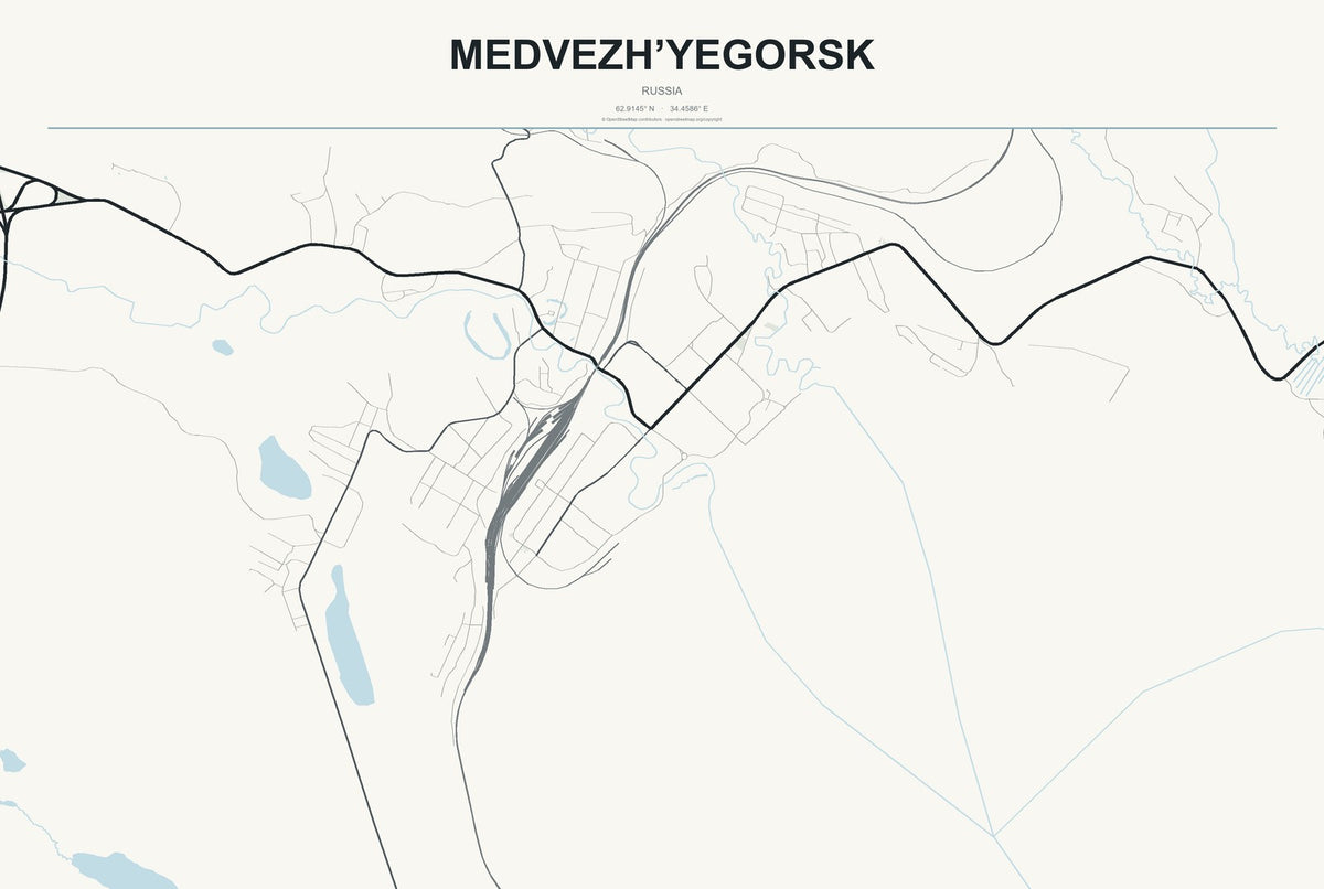 Medvezh’yegorsk, Russia City Map Aluminum Sign in Headline Atlas style