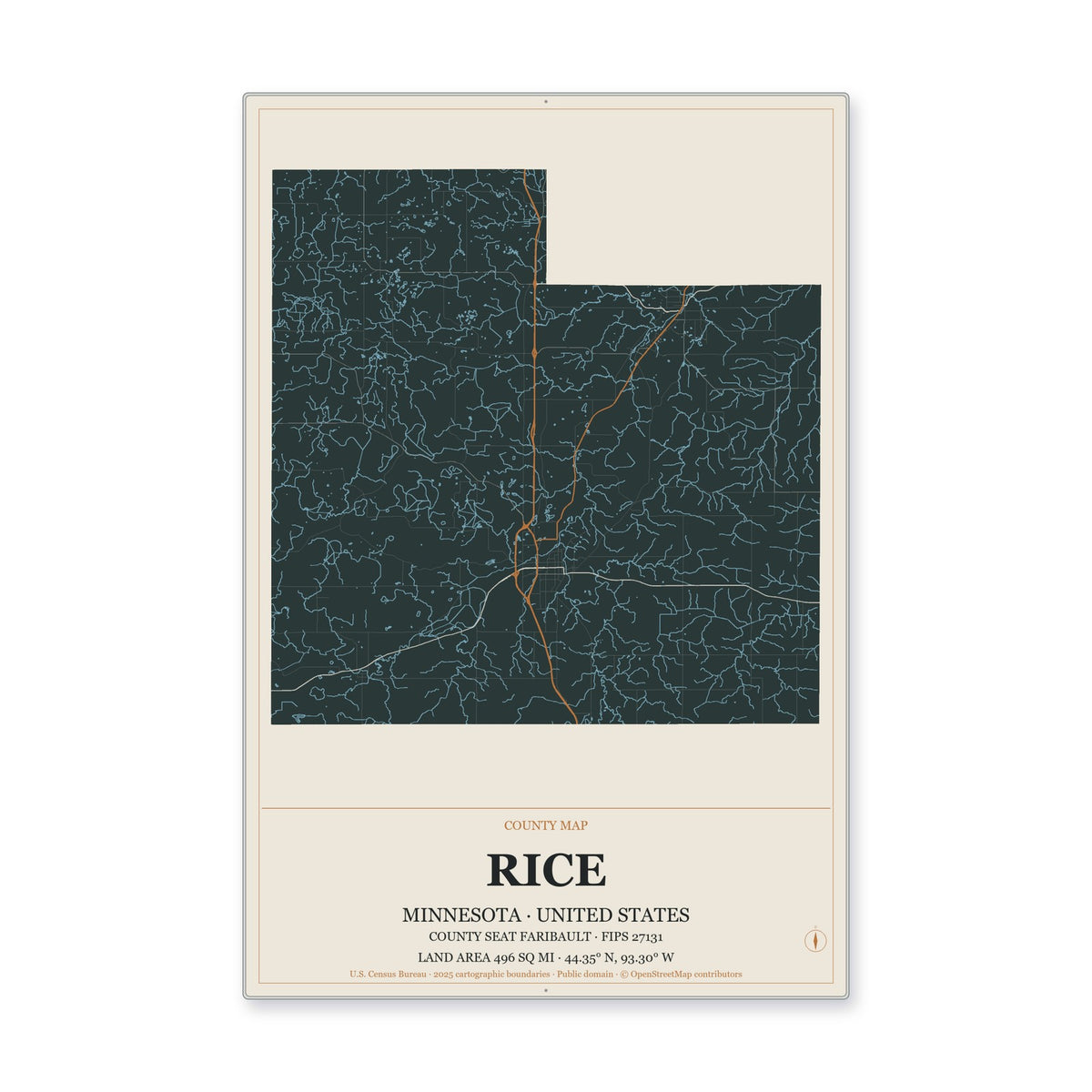 Rice County, Minnesota Map Aluminum Sign in Headline Atlas style