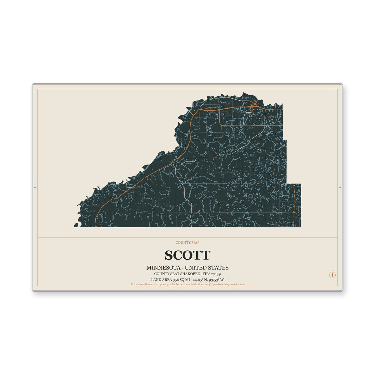 Scott County, Minnesota Map Aluminum Sign in Headline Atlas style