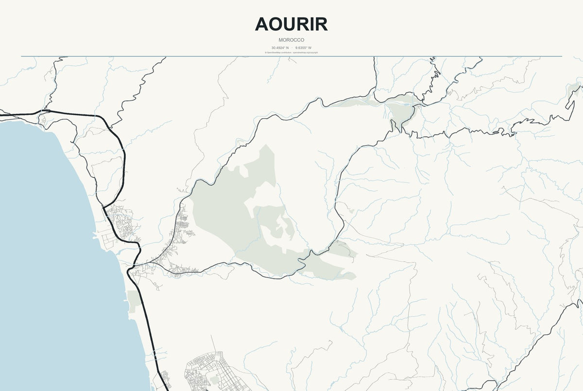 Aourir, Morocco City Map Aluminum Sign in Headline Atlas style