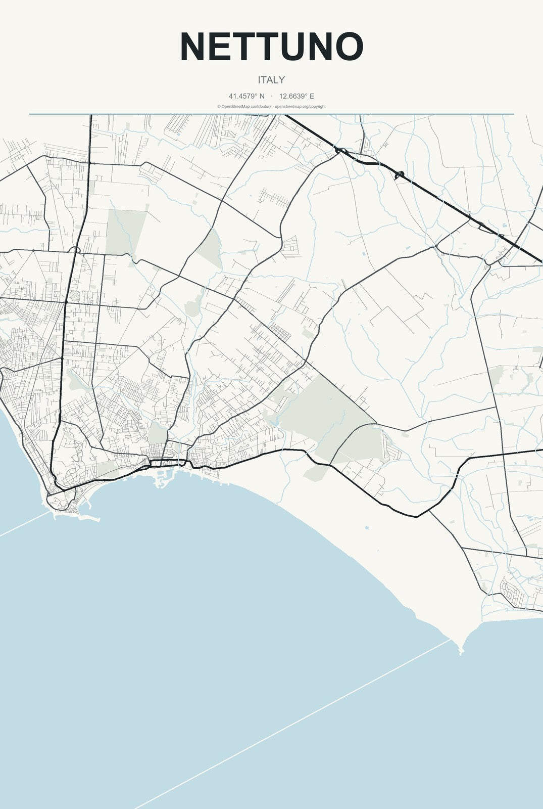 Nettuno, Italy City Map Aluminum Sign in Headline Atlas style