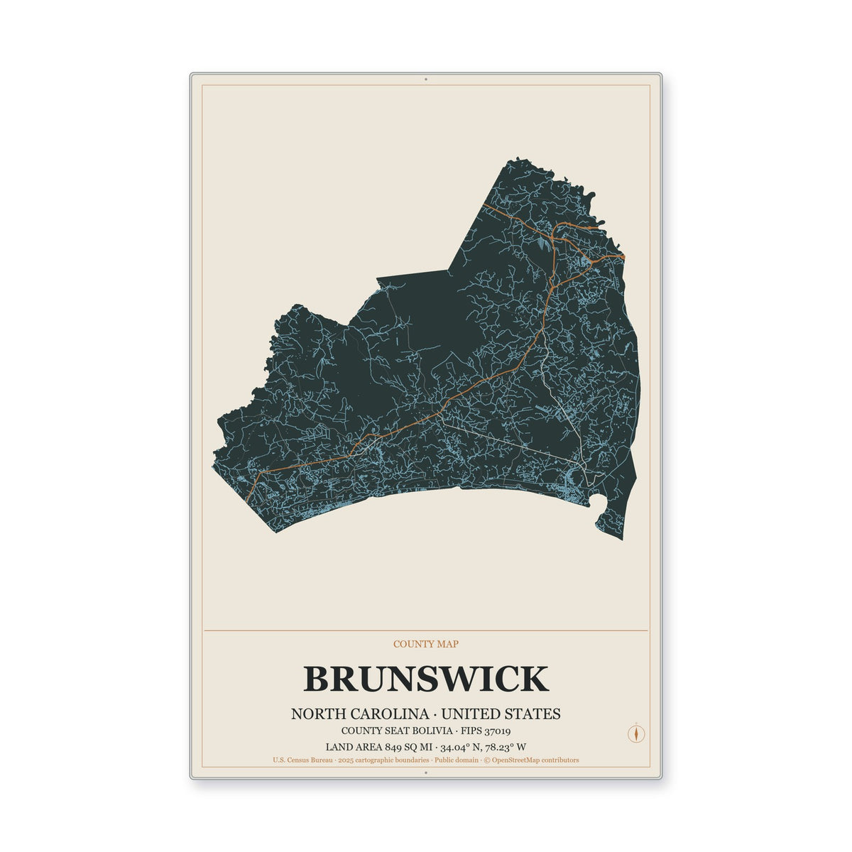 Brunswick County, North Carolina Map Aluminum Sign in Headline Atlas style