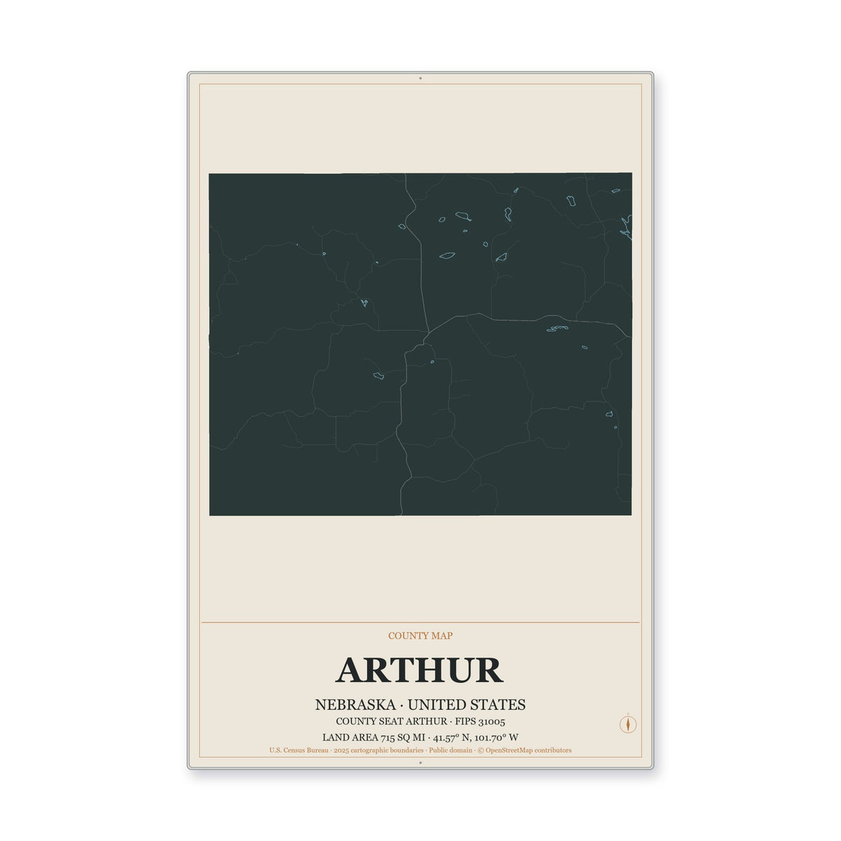 Arthur County, Nebraska Map Aluminum Sign in Headline Atlas style