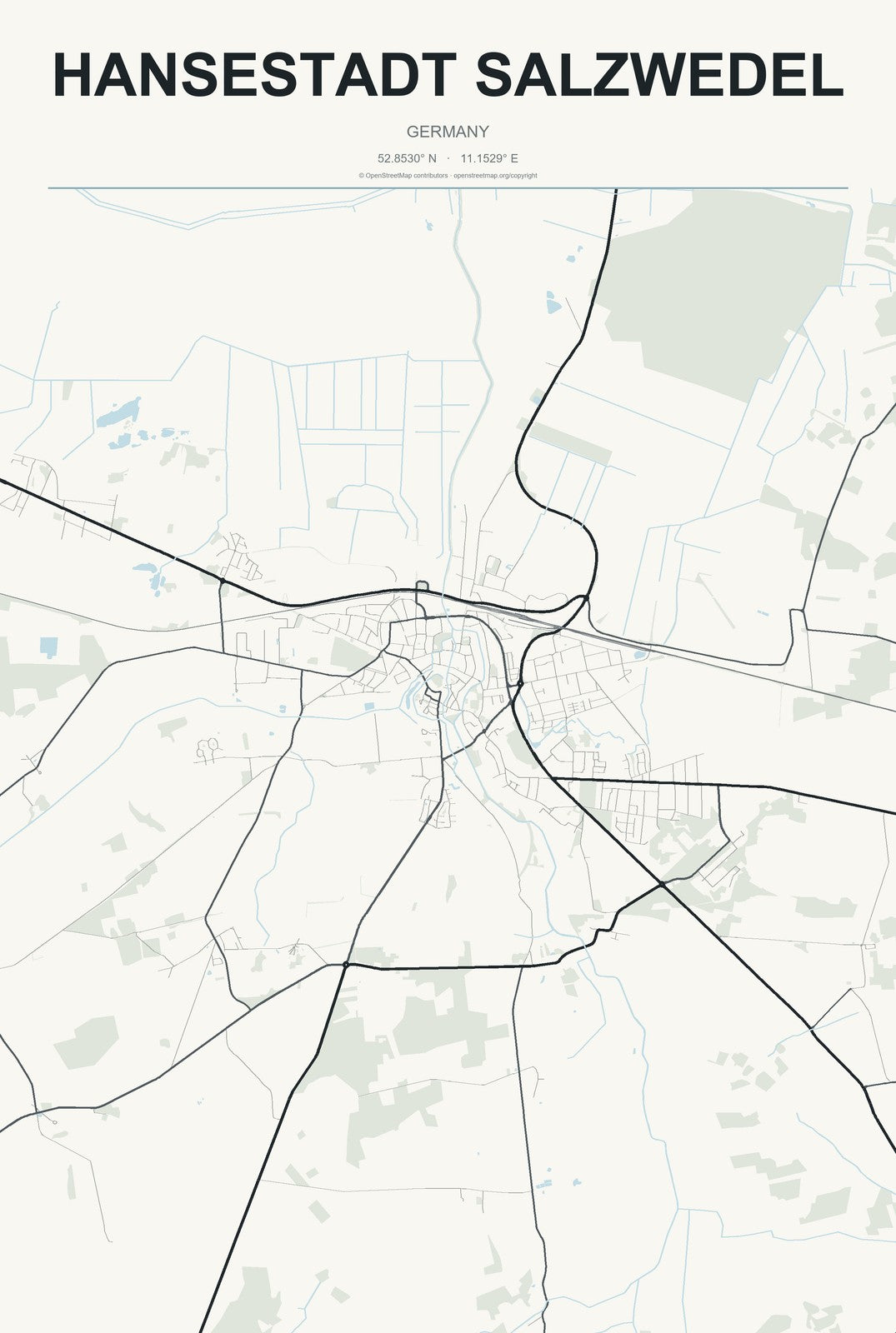 Hansestadt Salzwedel, Germany City Map Aluminum Sign in Headline Atlas style