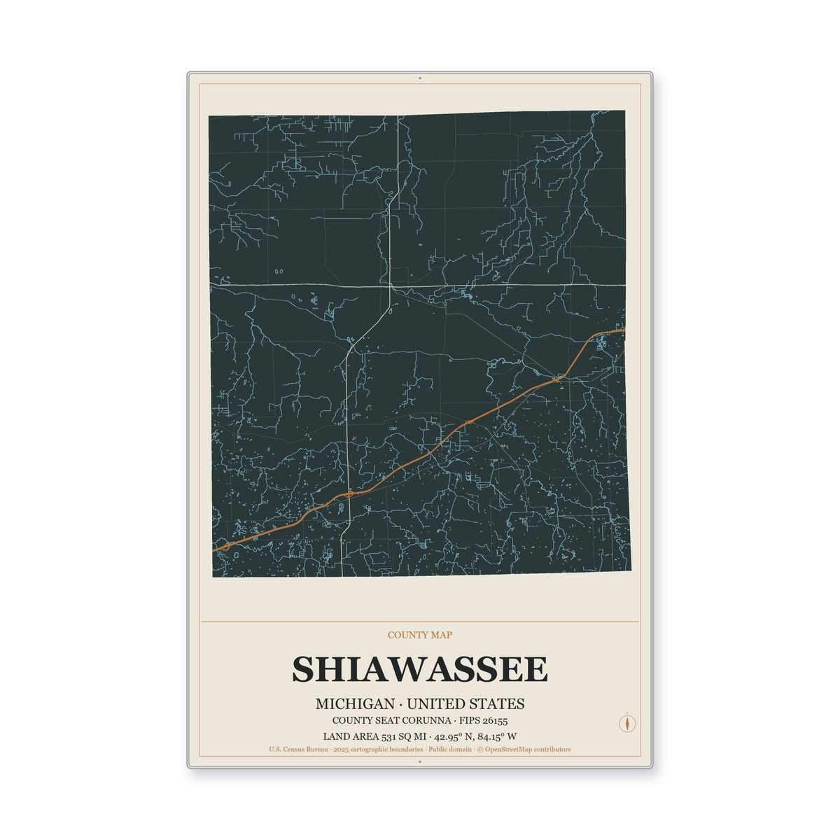 Shiawassee County, Michigan Map Aluminum Sign in Headline Atlas style