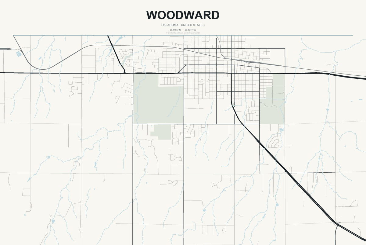 Woodward, Oklahoma City Map Aluminum Sign in Headline Atlas style