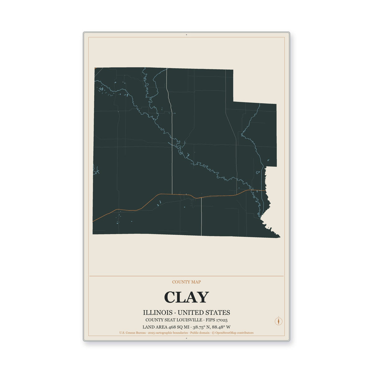 Clay County, Illinois Map Aluminum Sign in Headline Atlas style