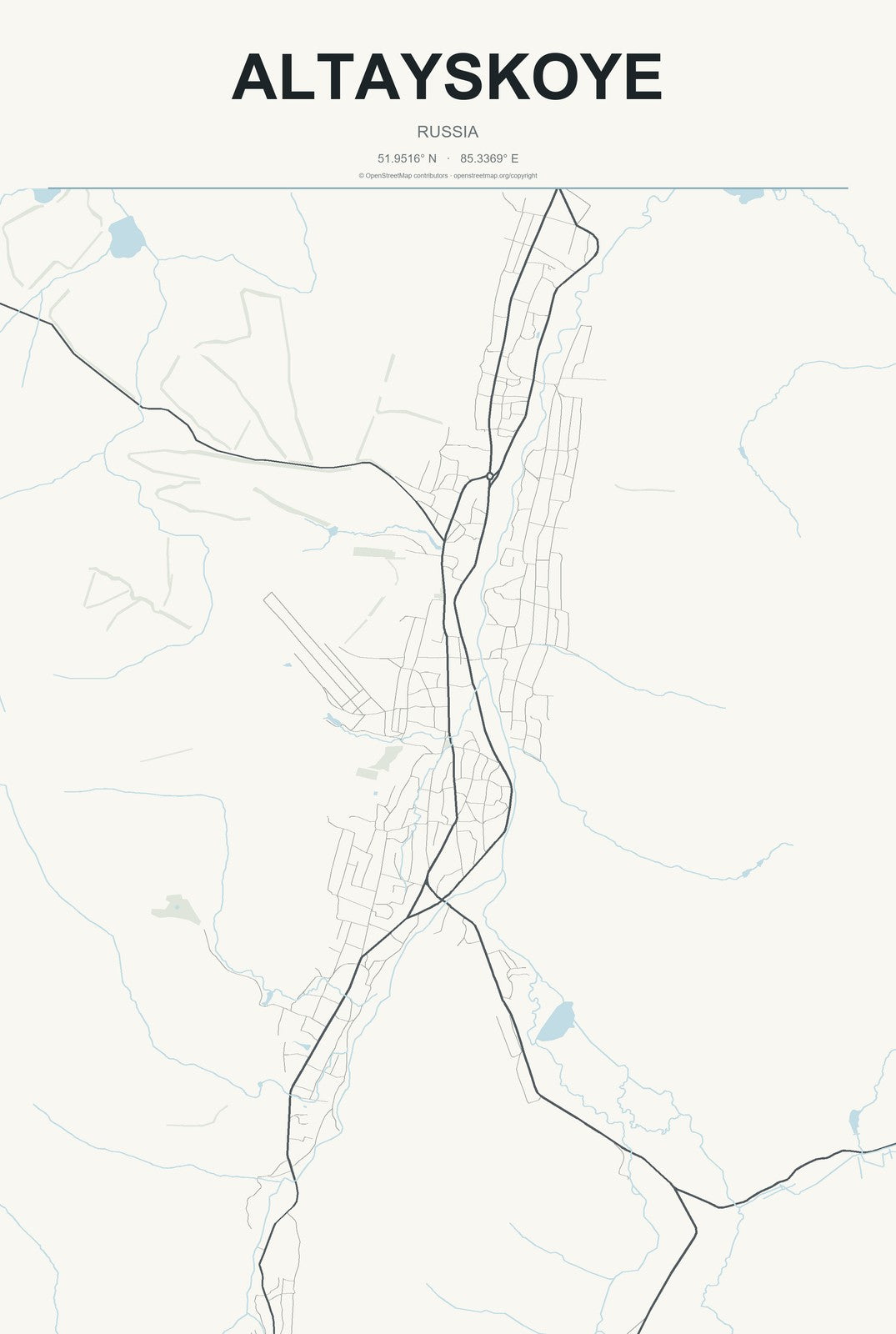 Altayskoye, Russia City Map Aluminum Sign in Headline Atlas style