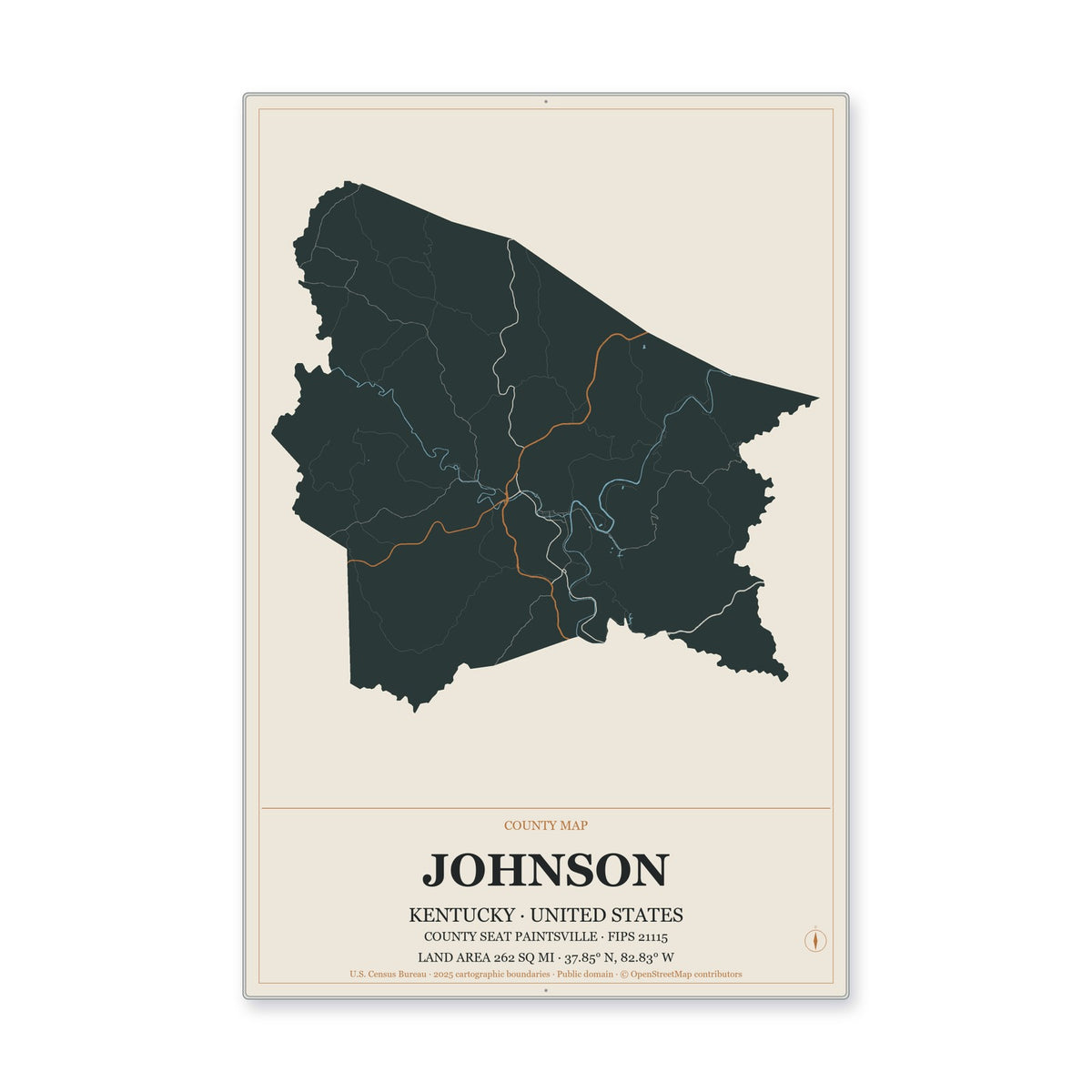 Johnson County, Kentucky Map Aluminum Sign in Headline Atlas style