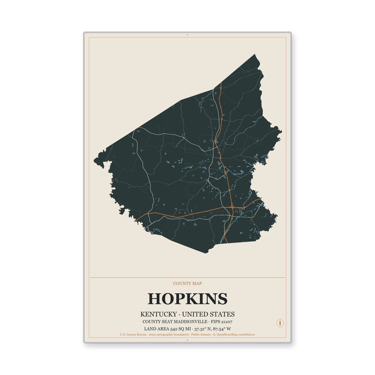 Hopkins County, Kentucky Map Aluminum Sign in Headline Atlas style