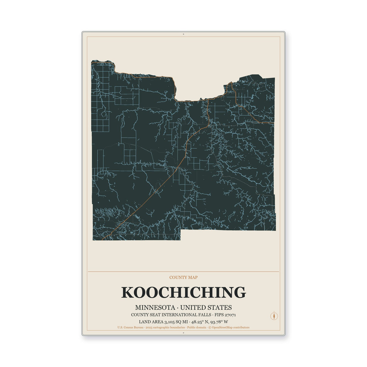 Koochiching County, Minnesota Map Aluminum Sign in Headline Atlas style