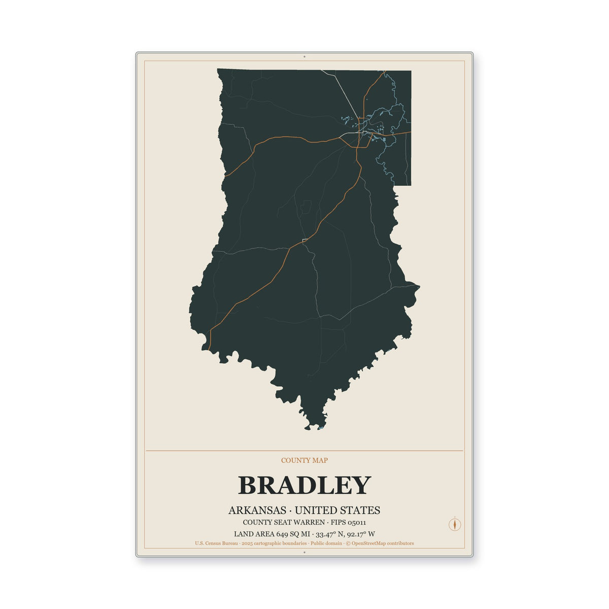 Bradley County, Arkansas Map Aluminum Sign in Headline Atlas style