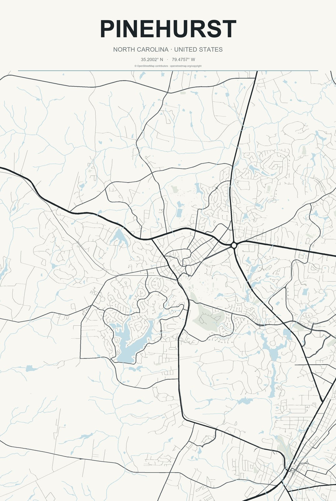 Pinehurst, North Carolina City Map Aluminum Sign in Headline Atlas style