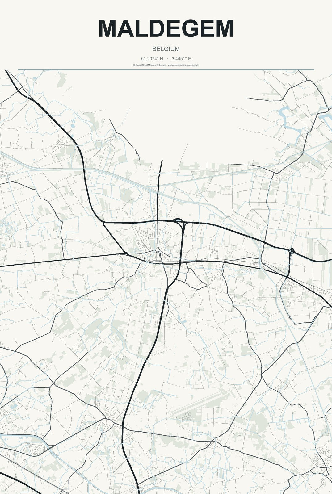 Maldegem, Belgium City Map Aluminum Sign in Headline Atlas style
