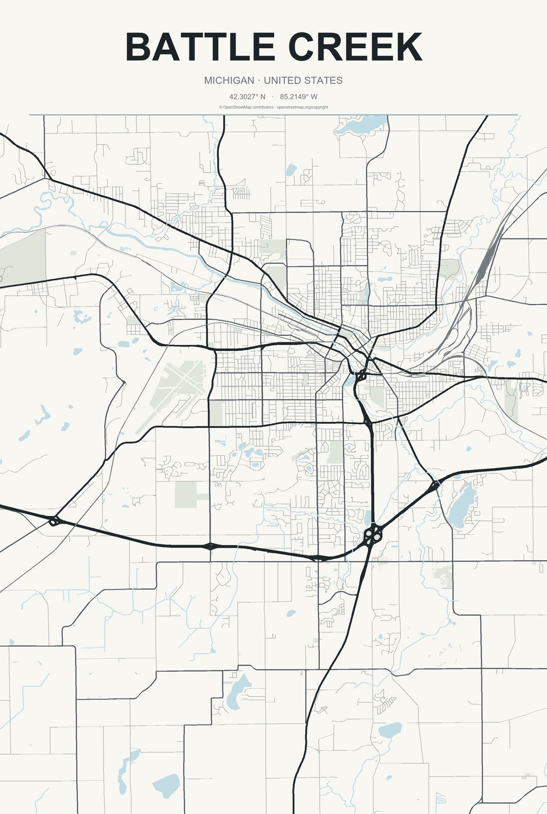 Battle Creek, Michigan City Map Aluminum Sign in Headline Atlas style