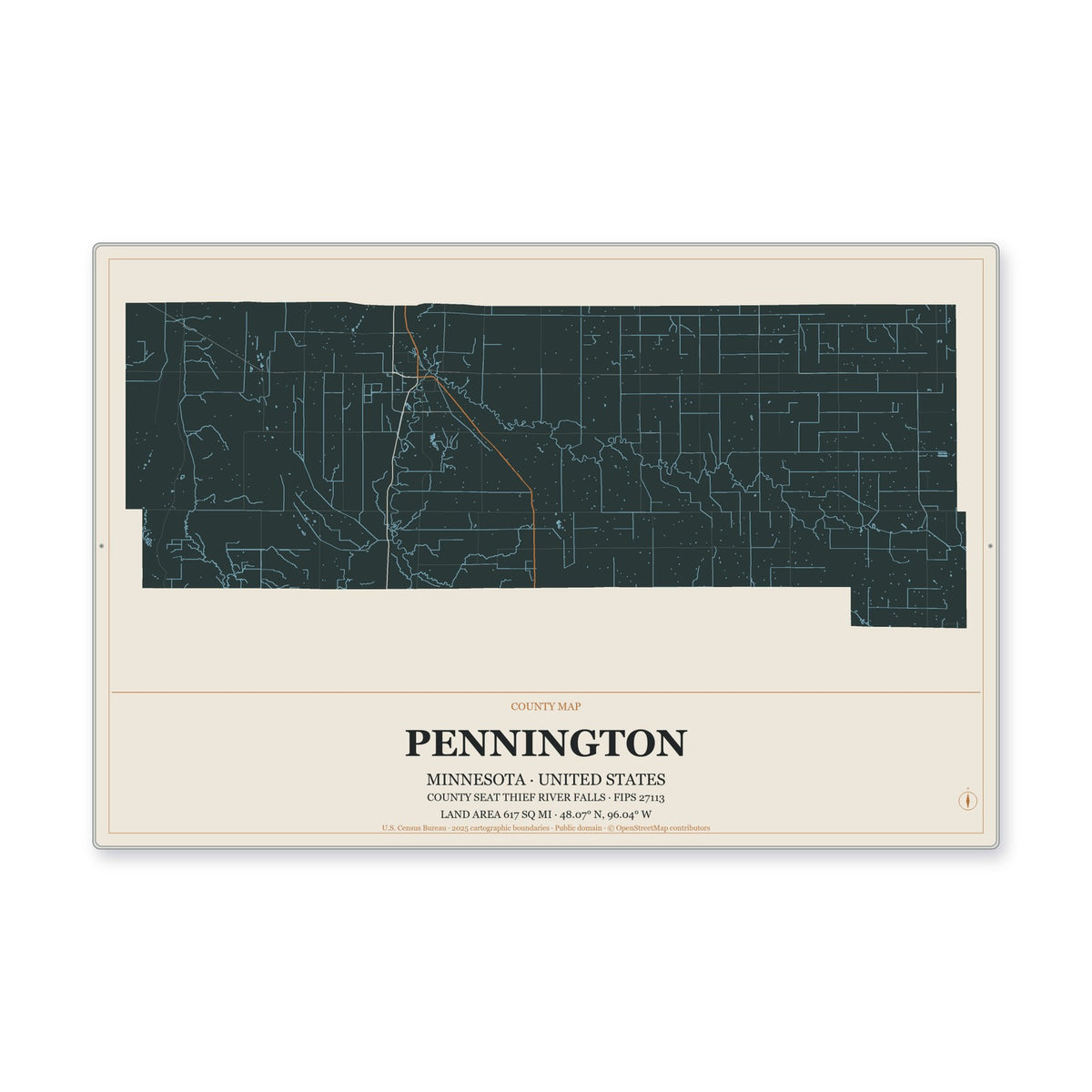 Pennington County, Minnesota Map Aluminum Sign in Headline Atlas style