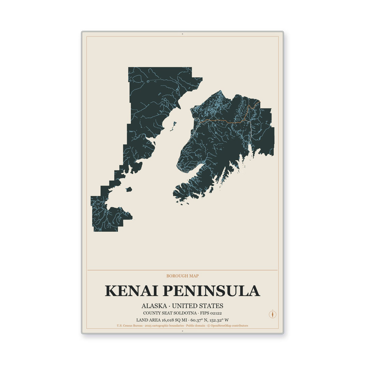 Kenai Peninsula Borough, Alaska Map Aluminum Sign in Headline Atlas style
