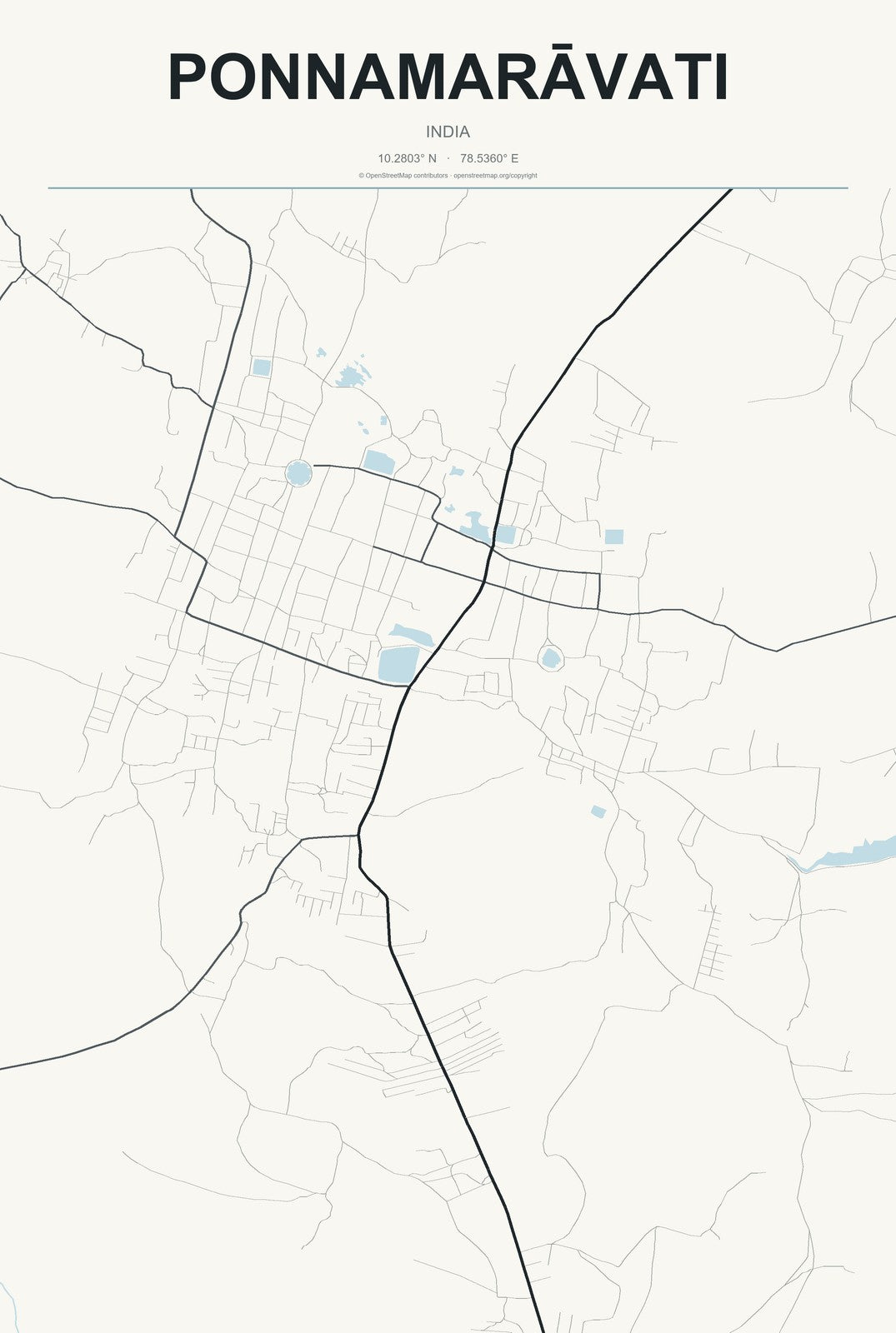 Ponnamarāvati, India City Map Aluminum Sign in Headline Atlas style