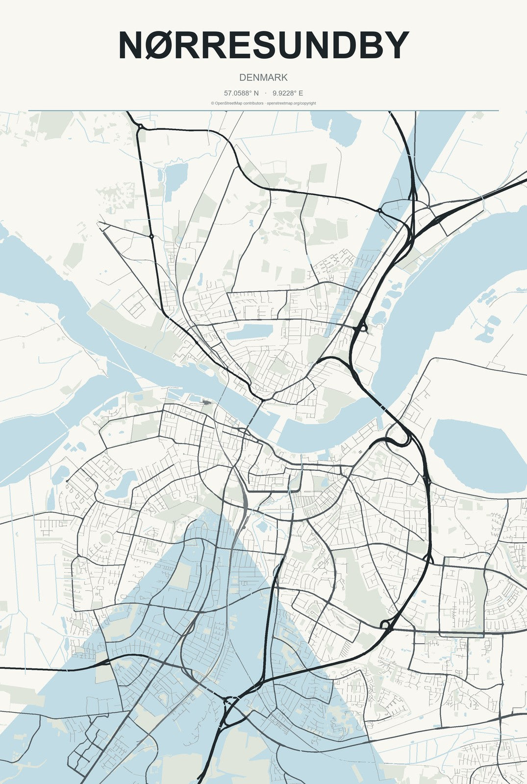 Nørresundby, Denmark City Map Aluminum Sign in Headline Atlas style
