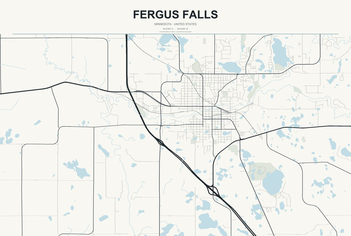 Fergus Falls, Minnesota City Map Aluminum Sign in Headline Atlas style
