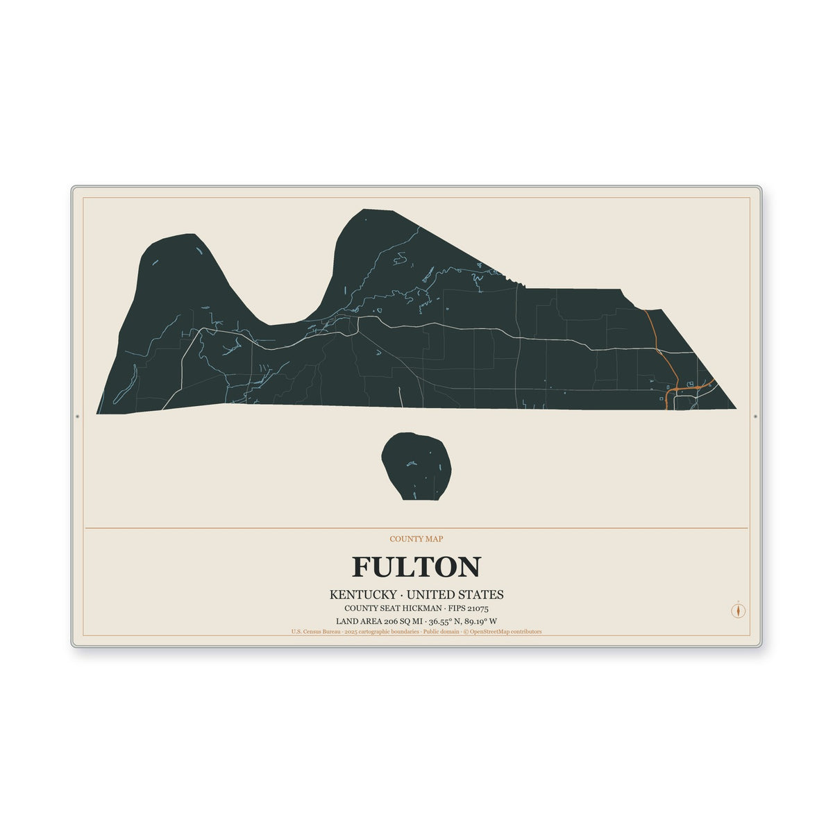 Fulton County, Kentucky Map Aluminum Sign in Headline Atlas style