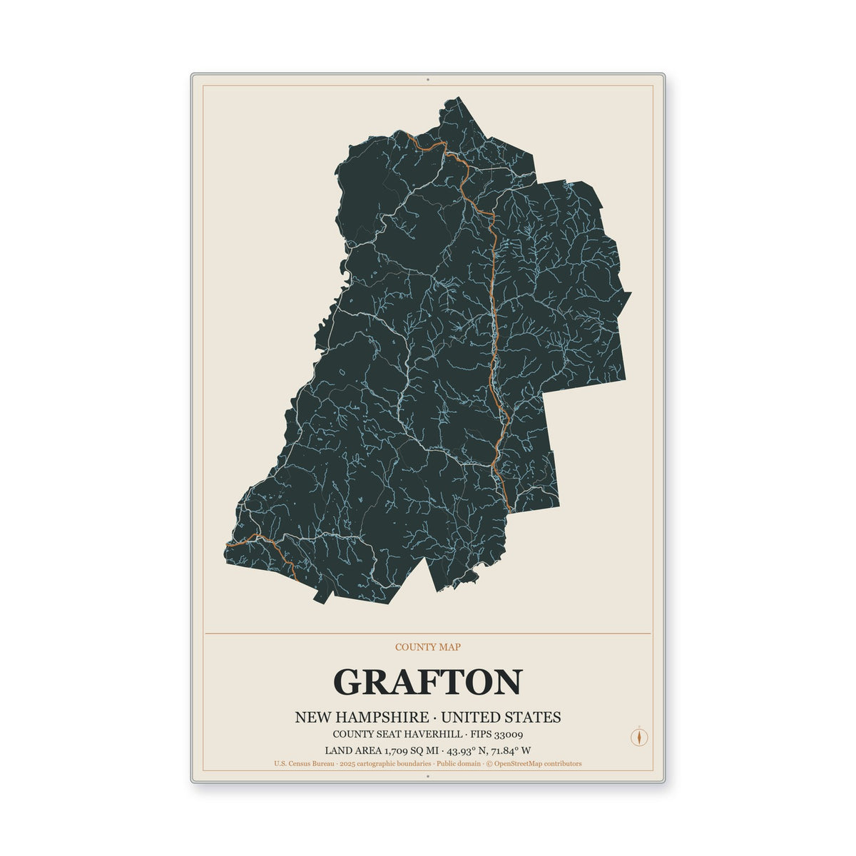 Grafton County, New Hampshire Map Aluminum Sign in Headline Atlas style