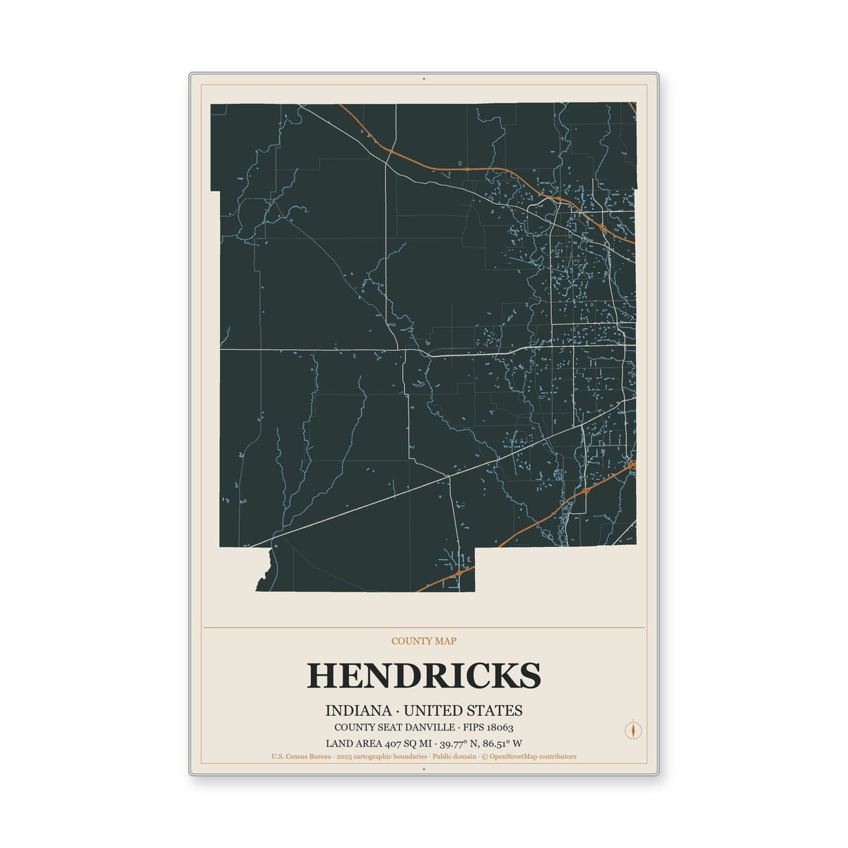 Hendricks County, Indiana Map Aluminum Sign in Headline Atlas style