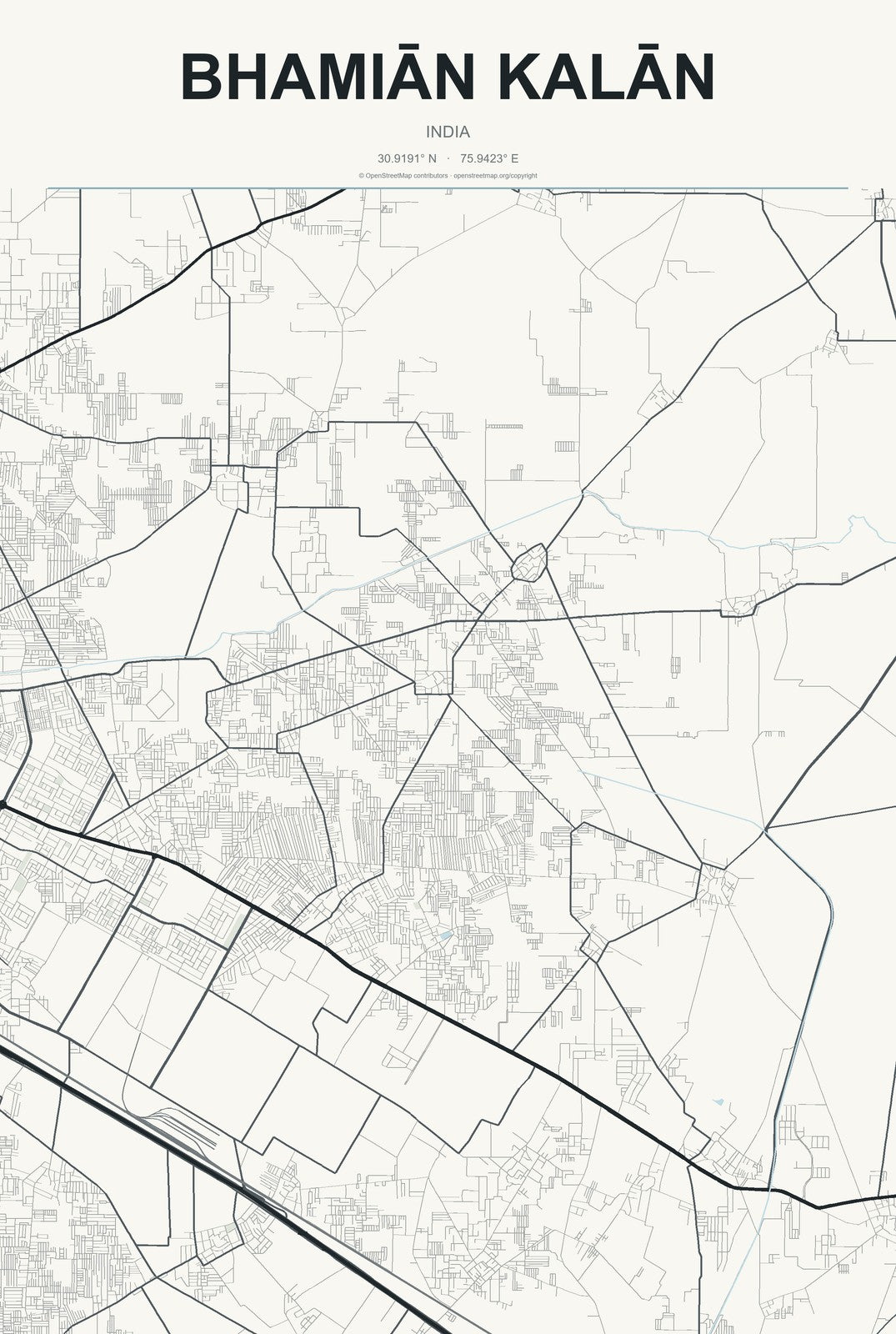 Bhamiān Kalān, India City Map Aluminum Sign in Headline Atlas style