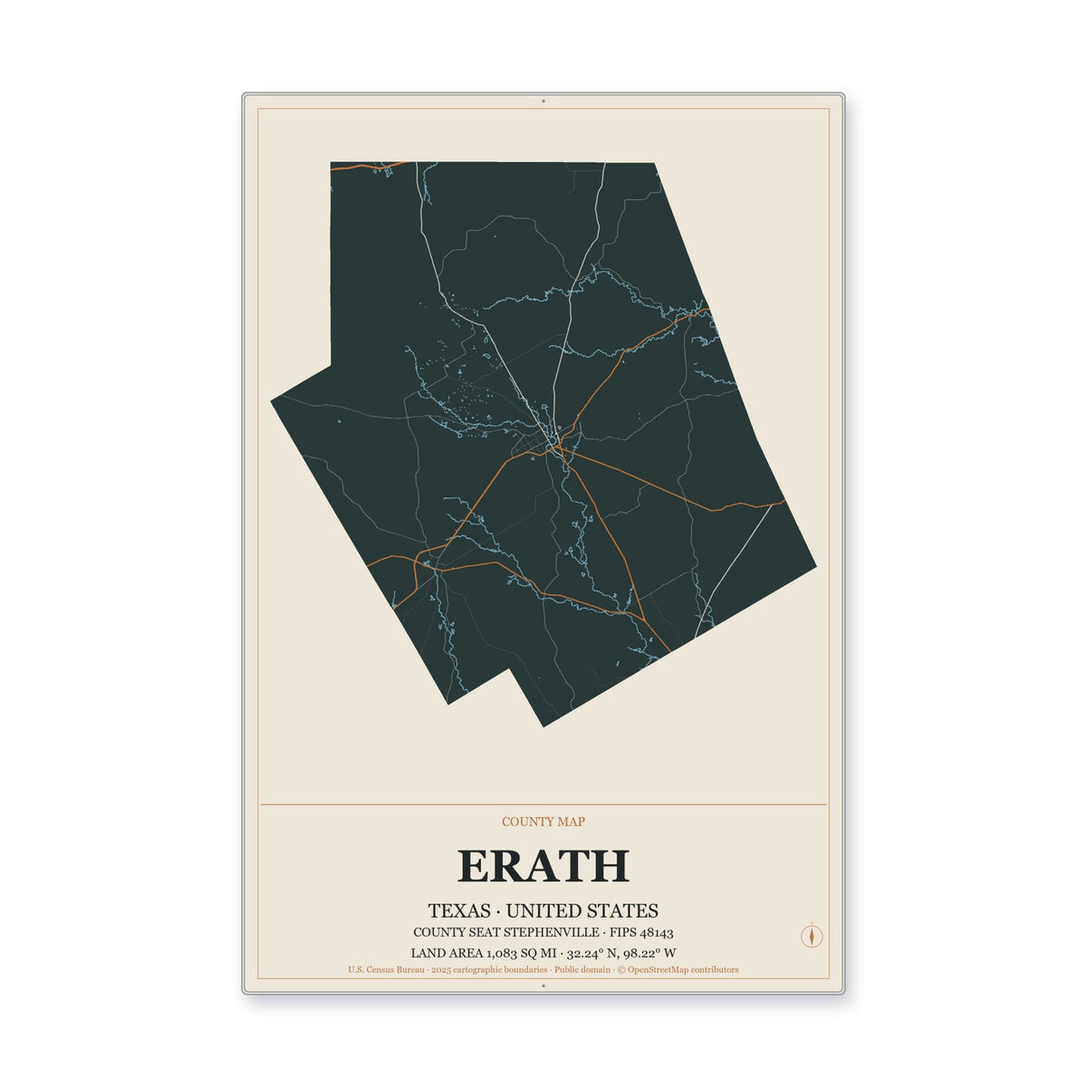 Erath County, Texas Map Aluminum Sign in Headline Atlas style