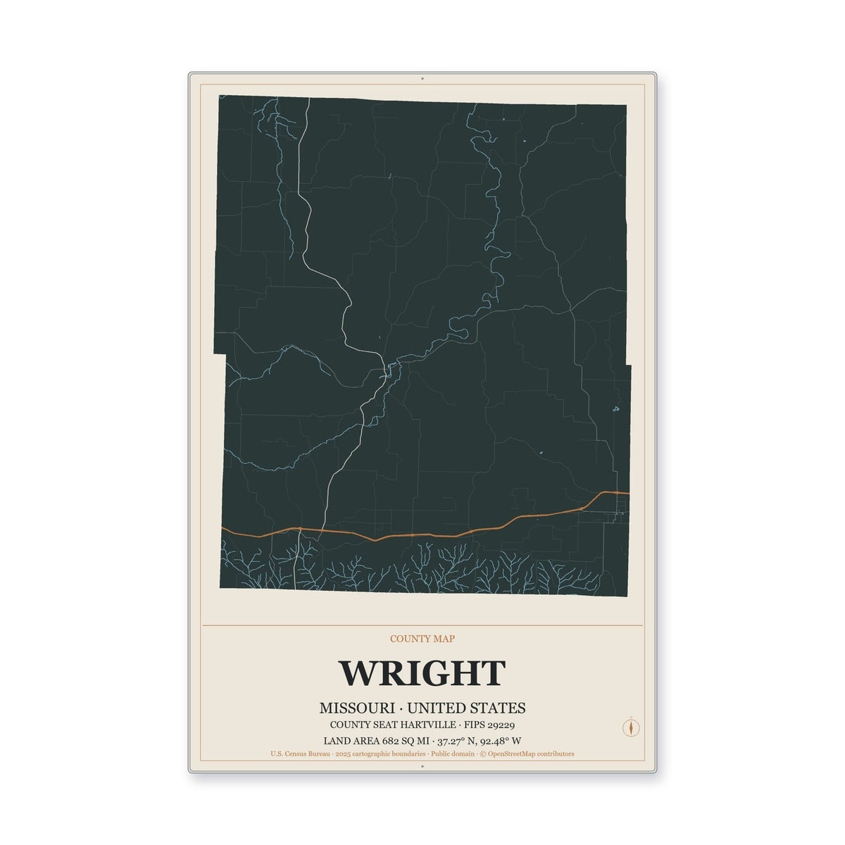 Wright County, Missouri Map Aluminum Sign in Headline Atlas style