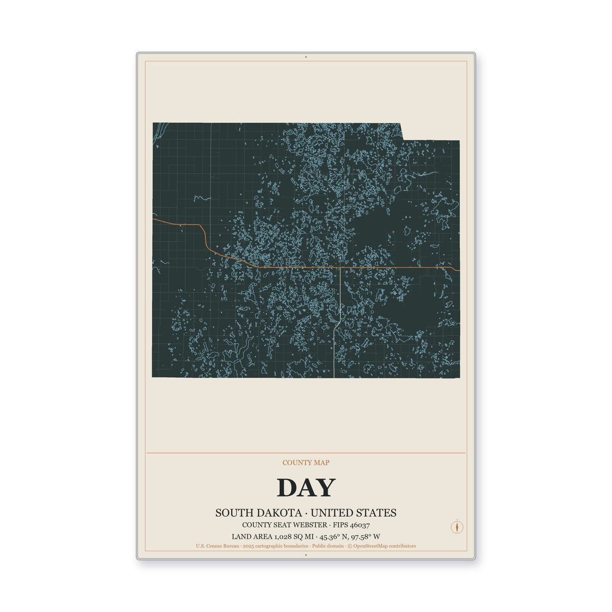 Day County, South Dakota Map Aluminum Sign in Headline Atlas style