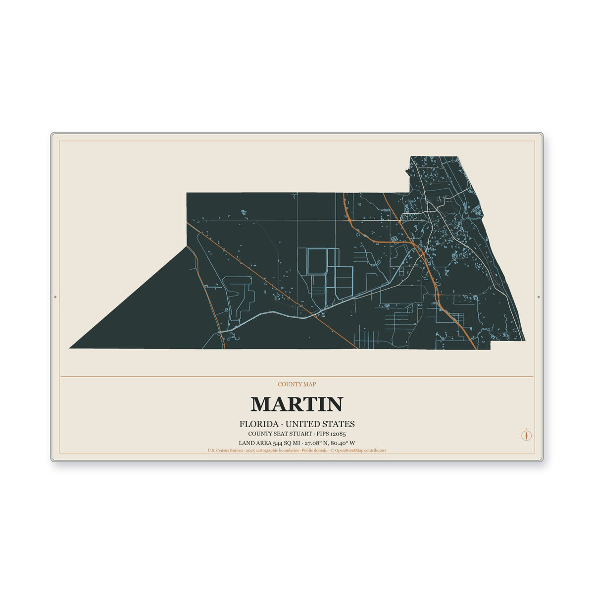 Martin County, Florida Map Aluminum Sign in Headline Atlas style