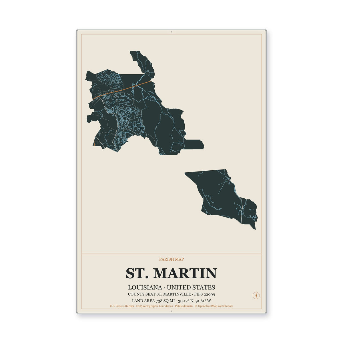 St. Martin Parish, Louisiana Map Aluminum Sign in Headline Atlas style