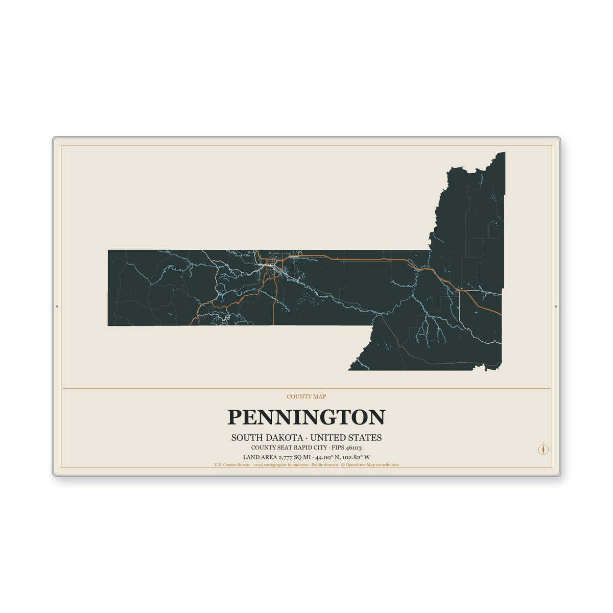Pennington County, South Dakota Map Aluminum Sign in Headline Atlas style