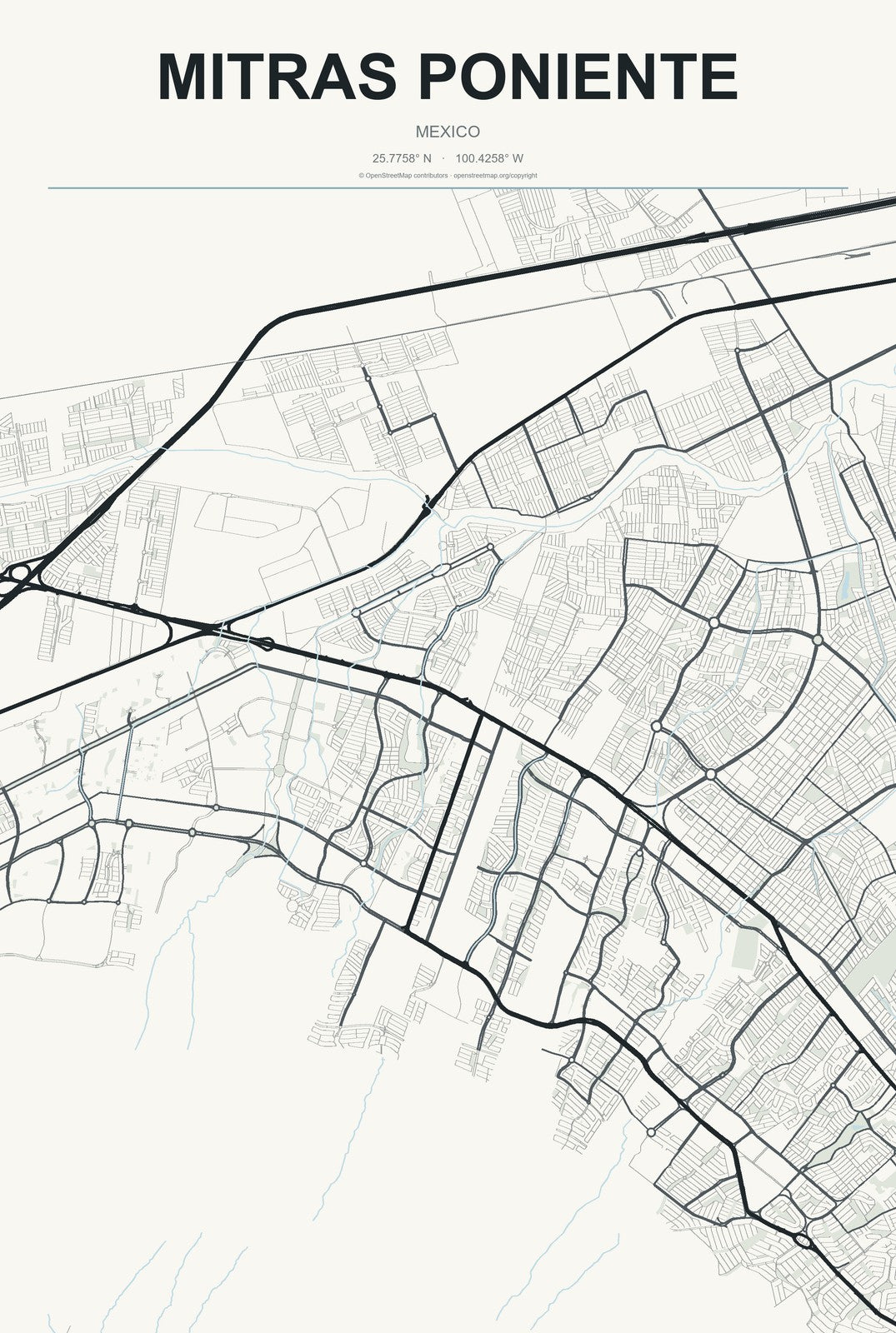Mitras Poniente, Mexico City Map Aluminum Sign in Headline Atlas style
