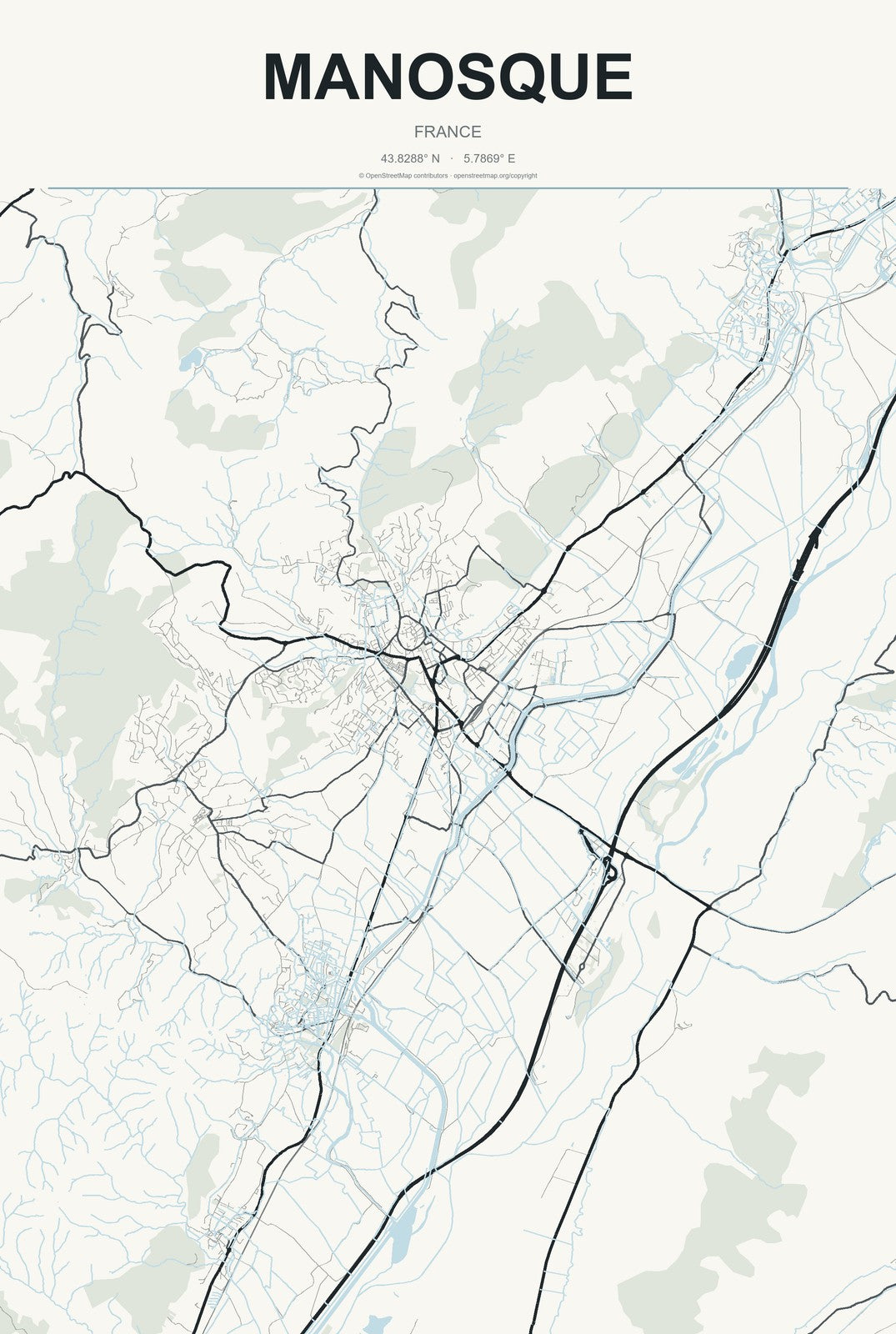 Manosque, France City Map Aluminum Sign in Headline Atlas style