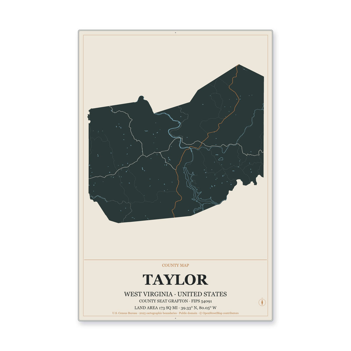 Taylor County, West Virginia Map Aluminum Sign in Headline Atlas style