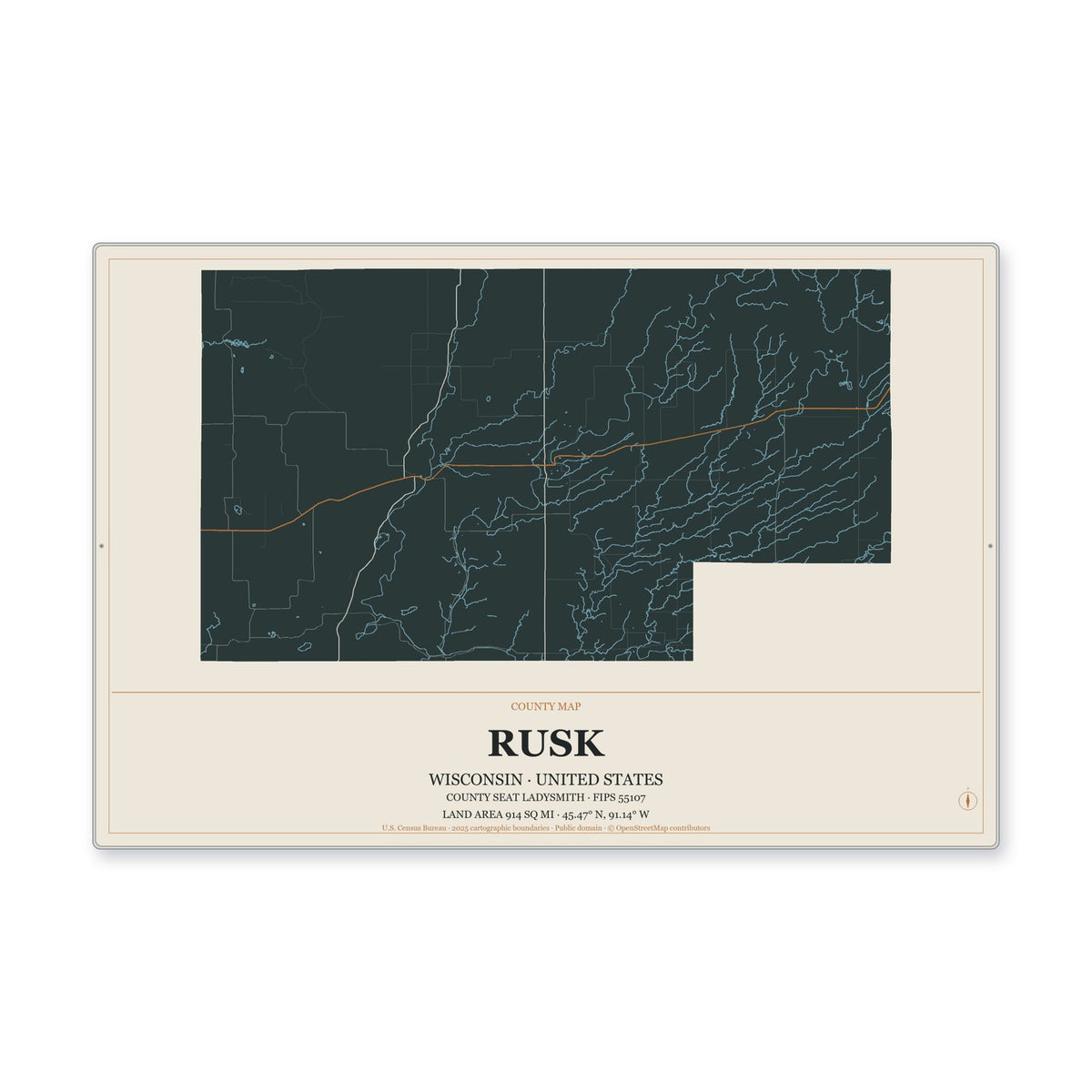 Rusk County, Wisconsin Map Aluminum Sign in Headline Atlas style