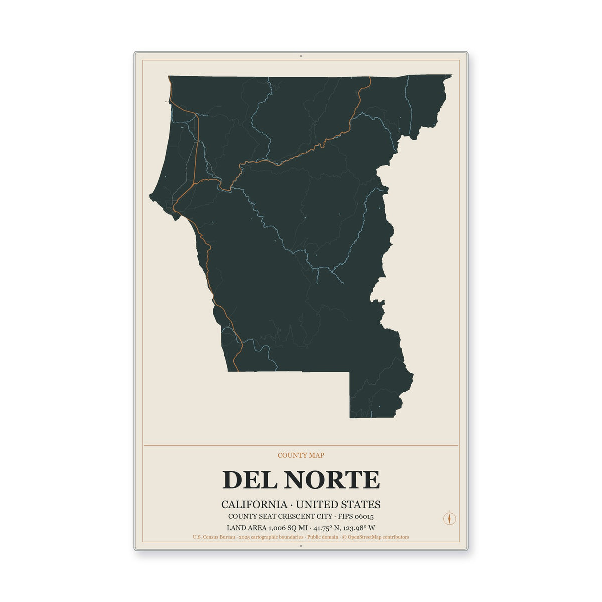 Del Norte County, California Map Aluminum Sign in Headline Atlas style