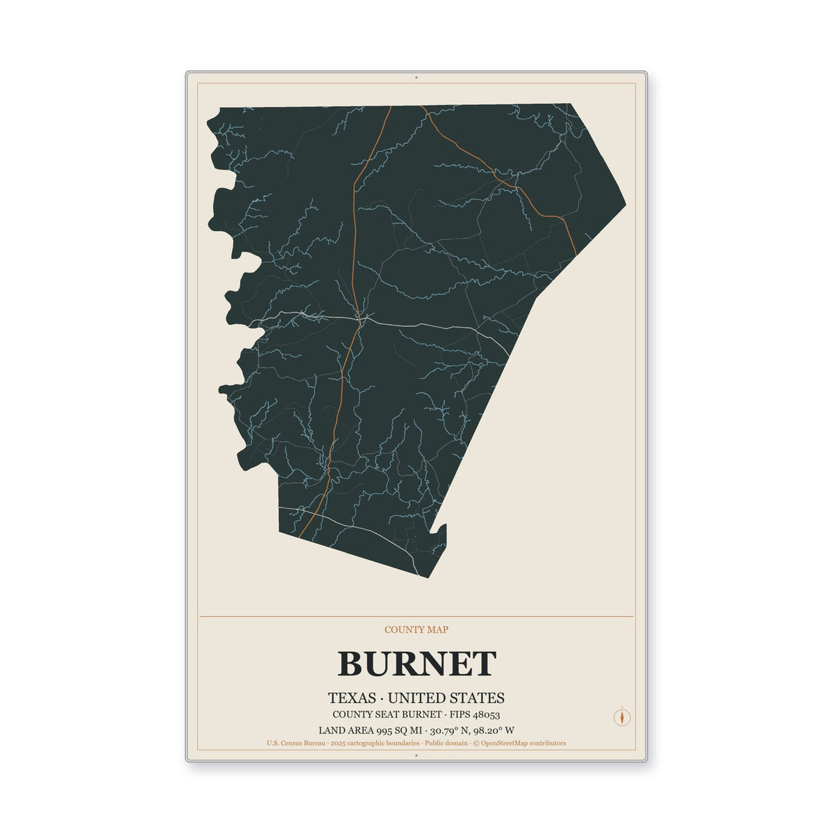 Burnet County, Texas Map Aluminum Sign in Headline Atlas style